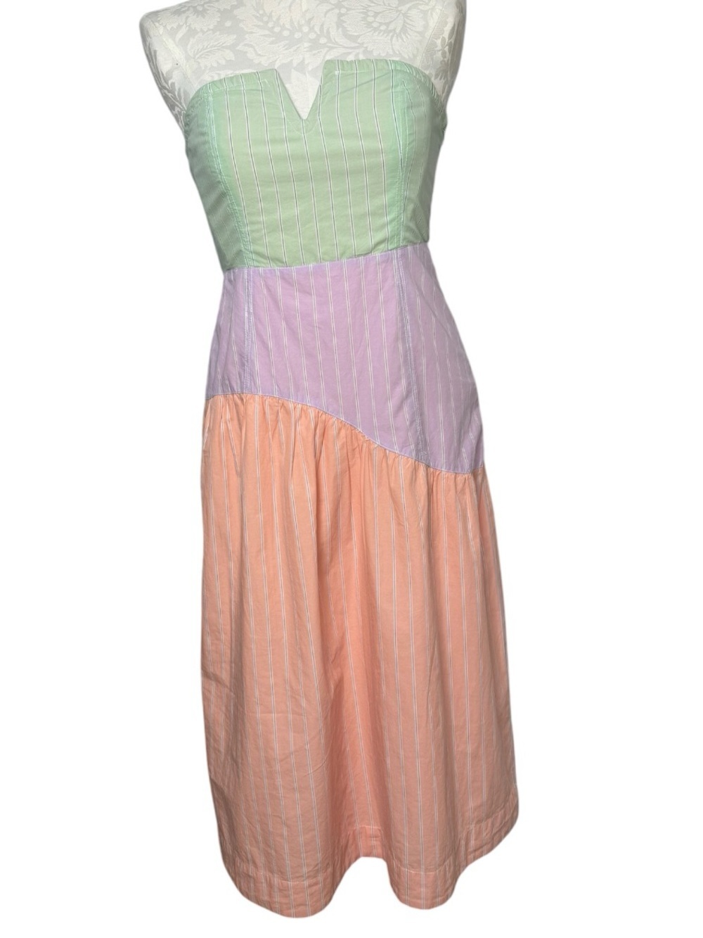 Maeve Strapless Colorblock Pinstripe Midi Dress small pink purple green - Picture 3 of 10